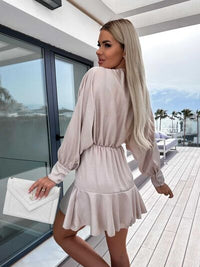 Satin Surplice Ruffle Hem Lantern Sleeve Mini Dress Women's Fashion Long Sleeve Short Dress