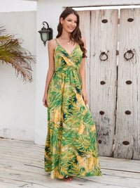 Vacation Jungle Printed Surplice Spaghetti Strap Maxi Dress