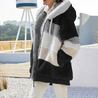 Color Block Zip-Up Hooded Faux Fur Jacket