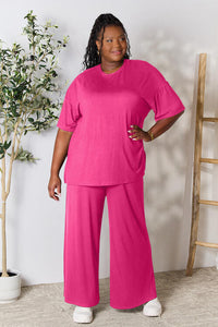 Double Take Full Size Round Neck Slit Top and Pants Set Loungewear T shirt and bottoms included