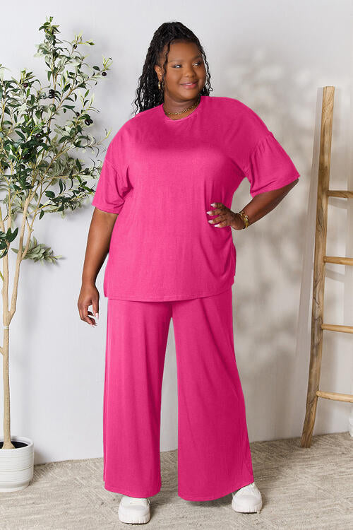 Double Take Full Size Round Neck Slit Top and Pants Set Loungewear T shirt and bottoms included