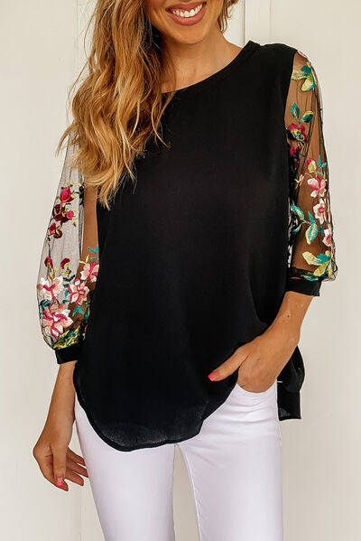 Womens Black Top Embroidered Round Neck Three-Quarter Sleeve T-Shirt