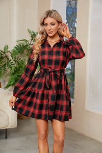 Plaid Print Tie Waist Collared Neck Long Sleeve Shirt Dress, Mini Dress Casual