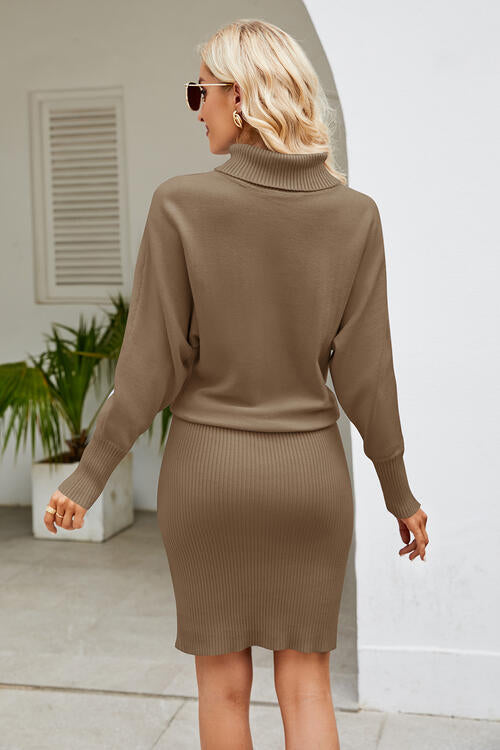 Ribbed Mock Neck Long Sleeve Sweater Dress