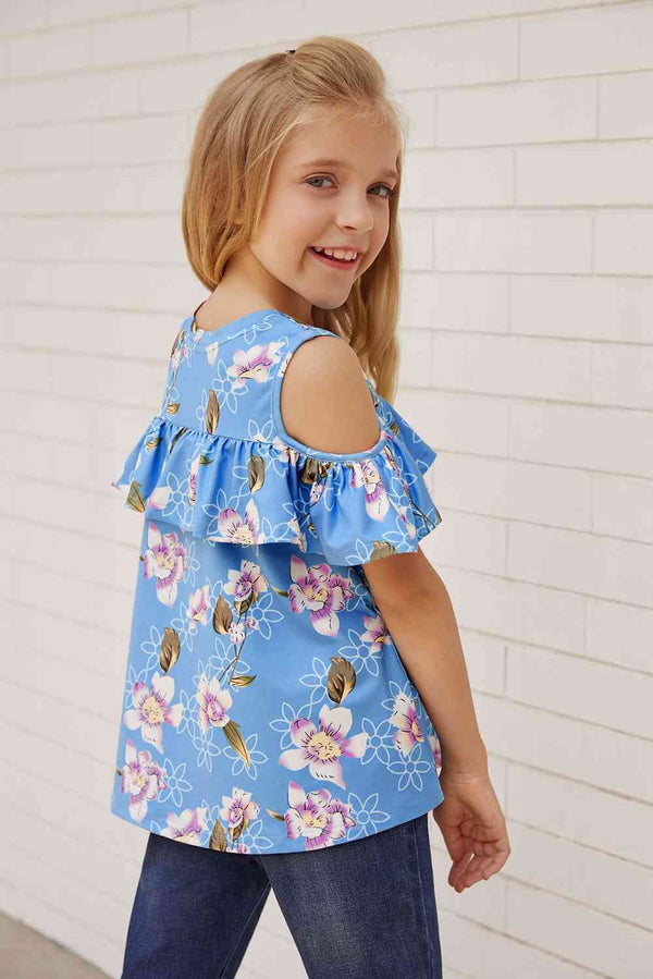 Girls Floral Cold-Shoulder Ruffled Top Kid's Fashion