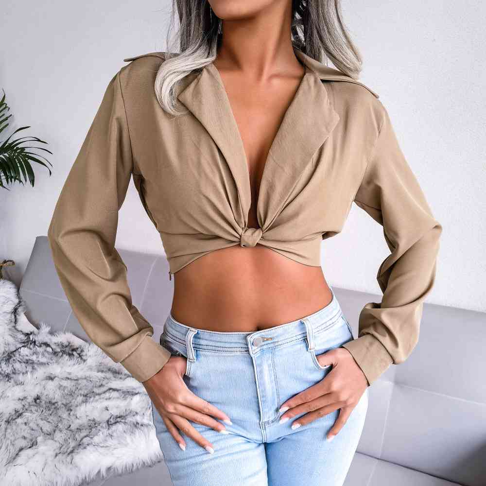 Long Sleeve Shirt Knot Detail Collared Cropped Top