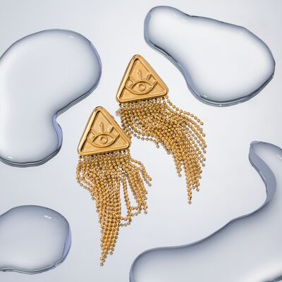 Eye Earrings Fringe Tassel Detail 18K Gold-Plated Stainless Steel Dangly Luxury Fashion