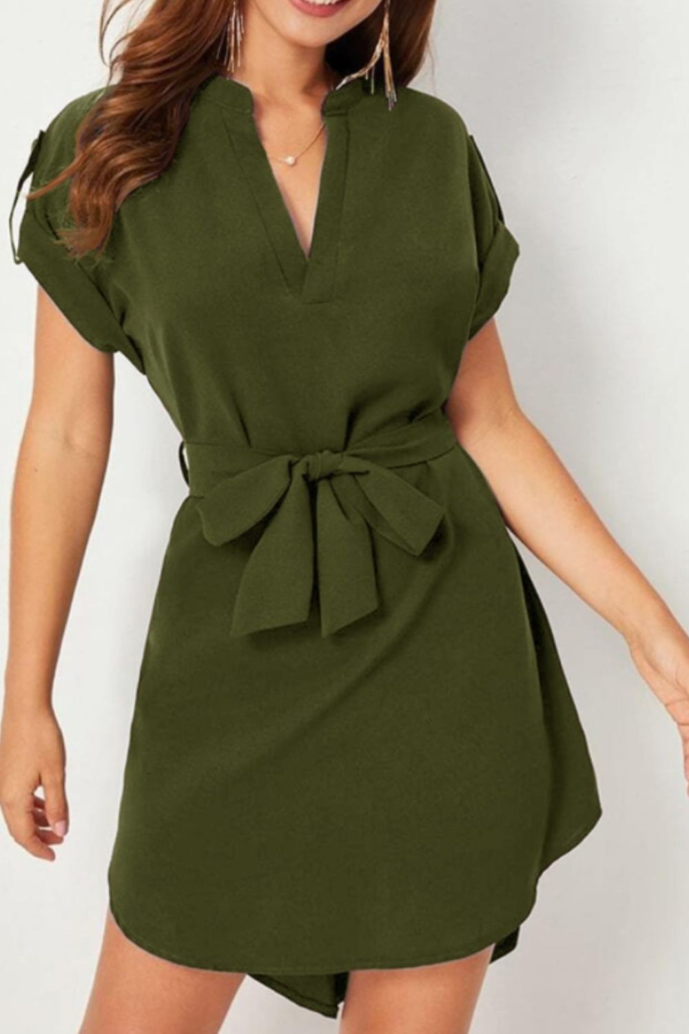 Women's Work Dress Casual Solid Color V Neck Waist Tied Notched Short Sleeve Dress