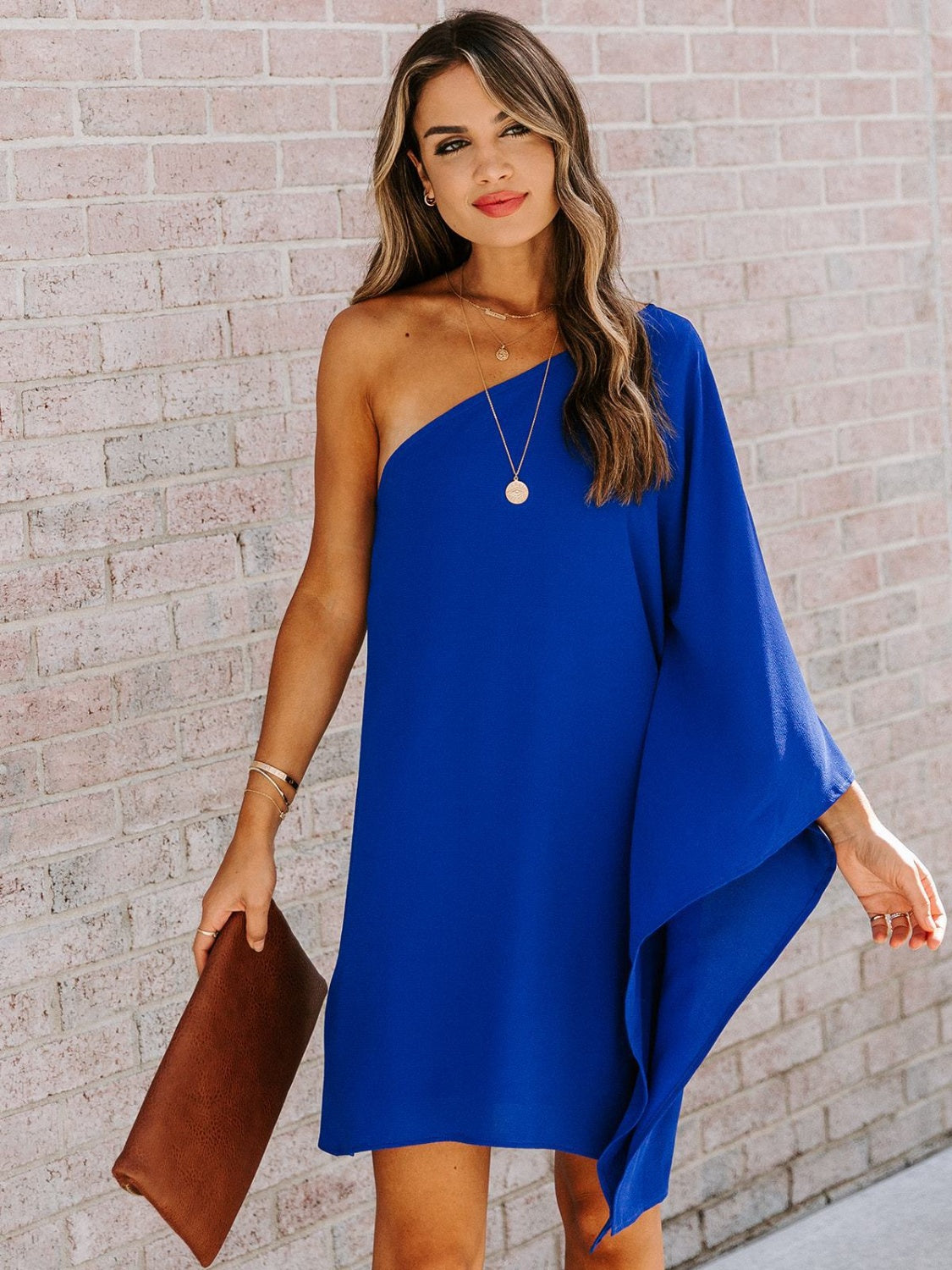 Women's off The Shoulder Satin Short Dress Ladies Single Shoulder Kimono Sleeve Mini Dress