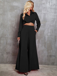 Pink Women’s Fashion Collared Neck Long Sleeve Top and Wide Leg Pants Set