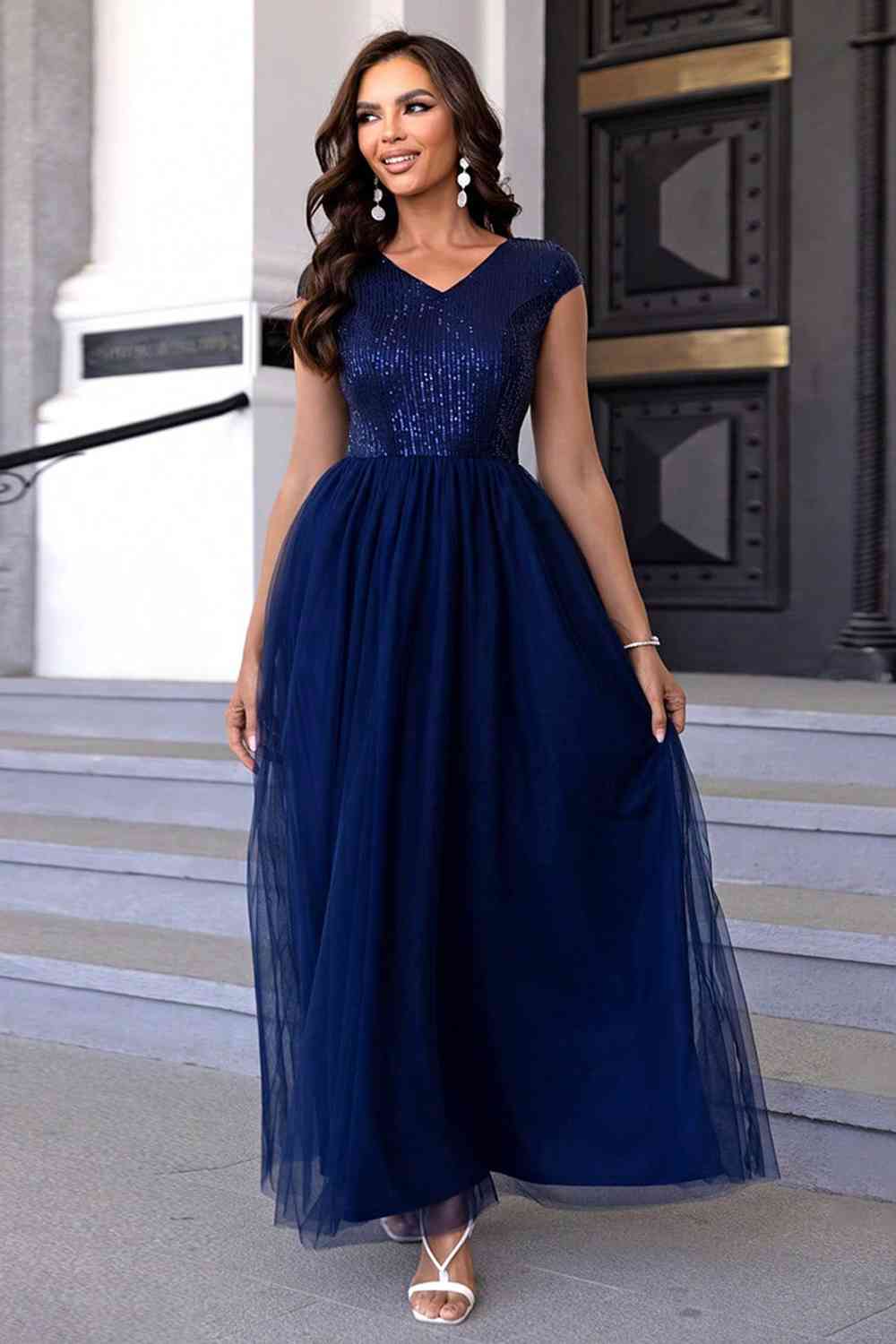 Sequin V-Neck Mesh Puffy Elegant Maxi Formal Party Dress