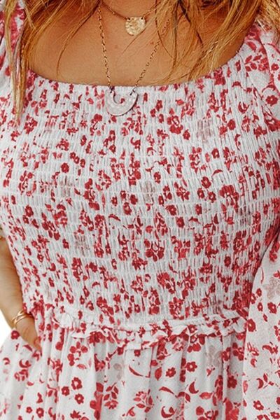 Women’s Dress Smocked Floral Square Neck Balloon Long Sleeve Short Dress