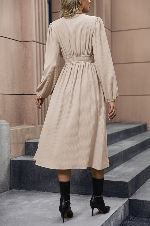 Womens Casual Khaki Nude Long Sleeve V-Neck Buttoned Slit Midi Dress