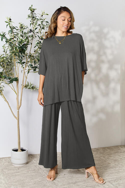 Double Take Full Size Round Neck Slit Top and Pants Set Loungewear T shirt and bottoms included