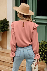 Womens Casual Blouse Shirt Ruffled Round Neck Long Sleeve Top