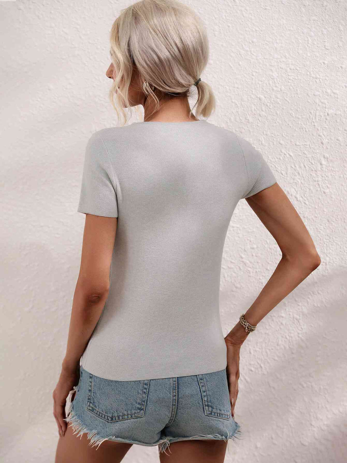 Womens Casual Shirt Cutout Round Neck Short Sleeve Knit Top