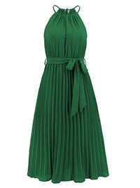 Pleated Spaghetti Strap Tie Waist Midi Dress New womens fashion Party dresses