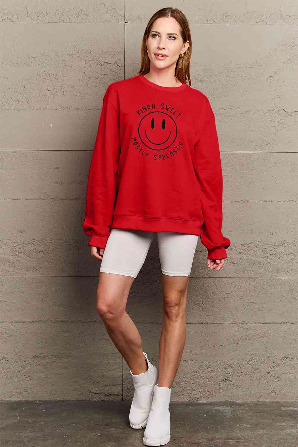 Smiling Face Graphic Sweatshirt Petite and Plus Size Fashion Sweater Happy Face