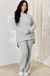 Matching Fashion Set  Ribbed High-Low Long Sleeve T-Shirt and Wide Leg Pants Set Casual Wear and Loungewear