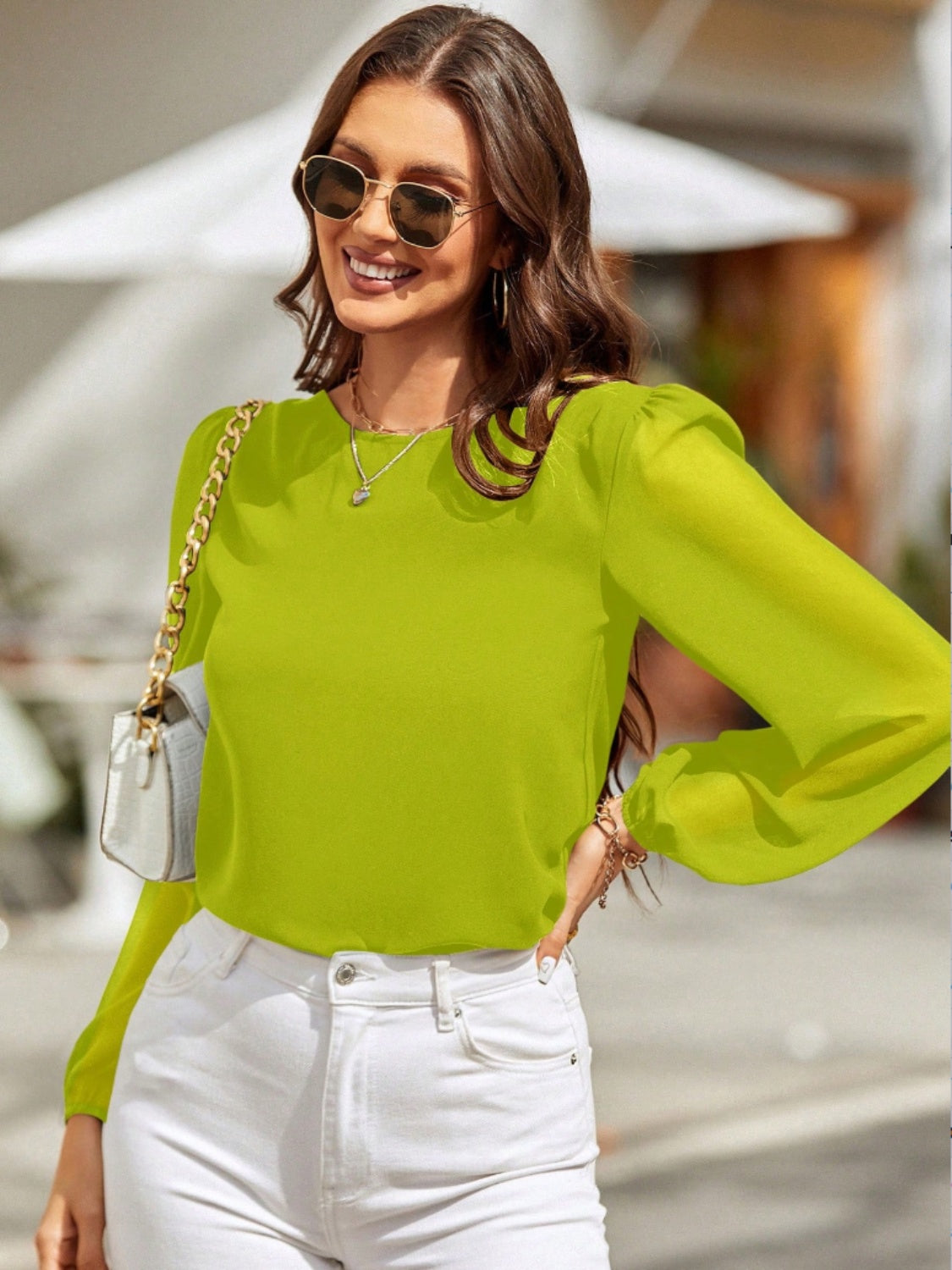 Solid Color Long Sleeve Shirt Women's Fashion Top Round Neck Balloon Sleeve Blouse