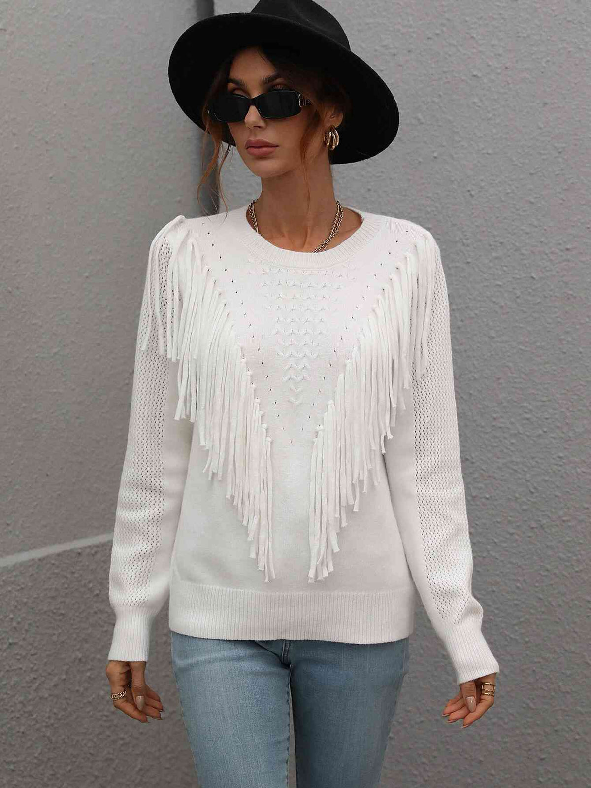 Fringe Long Sleeve Shirt Detail Ribbed Trim Sweater