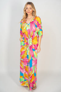 Colorful Short Sleeve Maxi Dress Women's Casual Printed V-Neck Maxi Dress with Pockets