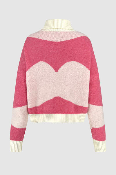 Color Block Turtleneck Dropped Shoulder Pink Fashion Sweater Womens Fashion