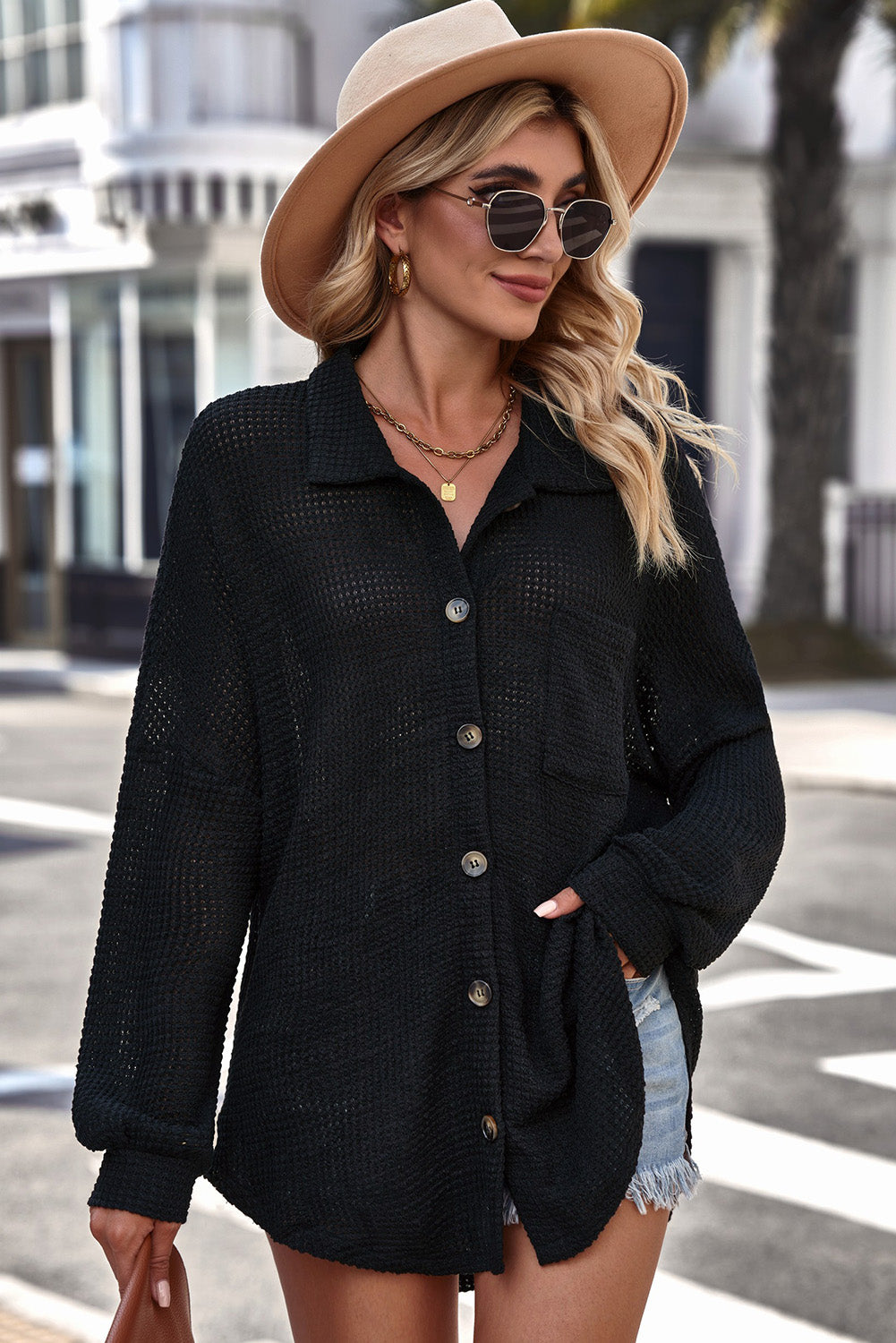 Womens Long Sleeve Shirt Loose Fit Waffle-Knit Collared Neck Dropped Shoulder Shirt