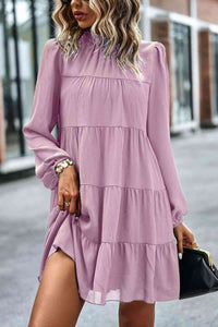 Womens Casual Tied Ruffle Collar Puff Sleeve Mini Dress