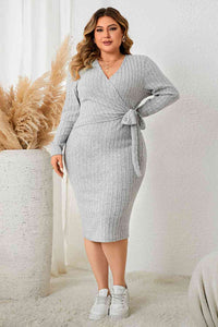 Plus Size Grey Surplice Neck Casual Long Sleeve Slit Dress