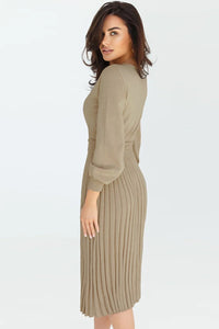 Womens Casual Dress Round Neck Long Sleeve Pleated Sweater Midi long Dress