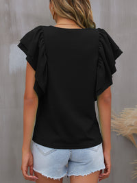 Round Neck Flounce Sleeve Blouse Solid Color Women's Short Sleeve Top