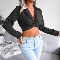 Long Sleeve Shirt Knot Detail Collared Cropped Top