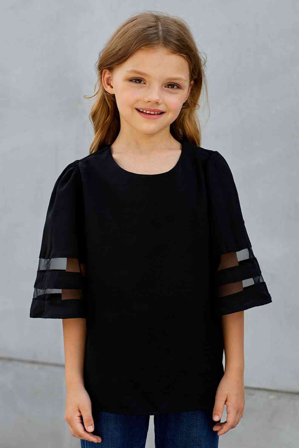 Girls Sheer Striped Flare Sleeve Tee Shirt Kid's Fashion