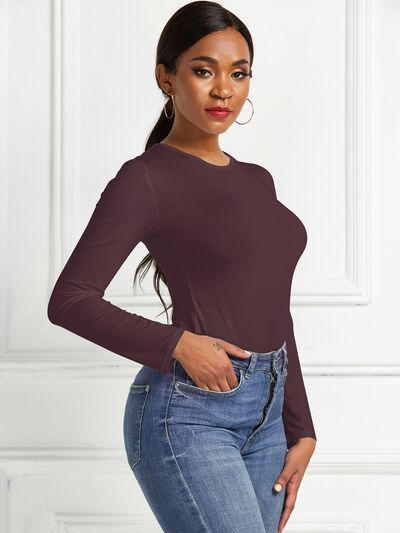 Round Neck Long Sleeve Womens Top Bodysuit