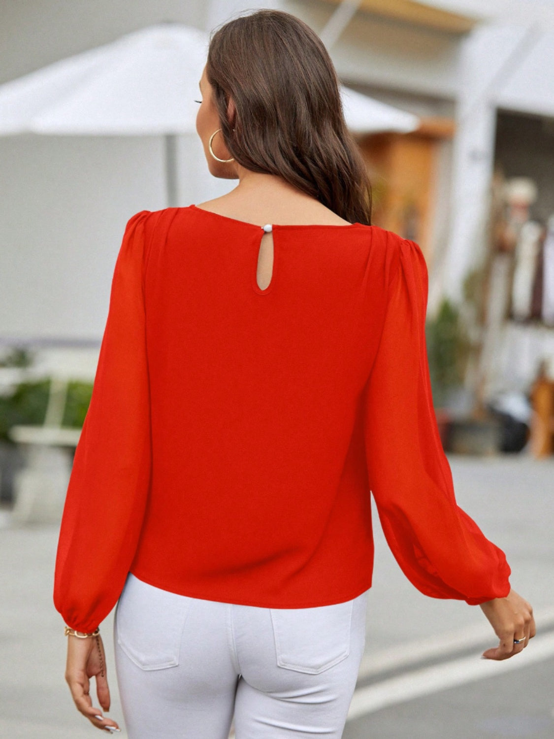 Solid Color Long Sleeve Shirt Women's Fashion Top Round Neck Balloon Sleeve Blouse