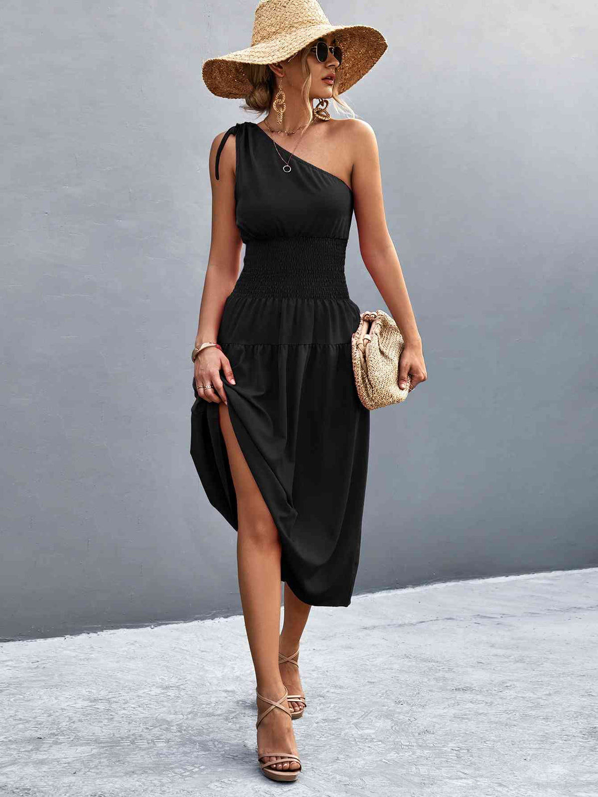 Women's Casual Maxi Dress Asymmetrical One Shoulder Smocked Waist Midi Dress