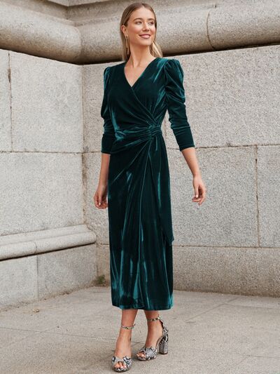 Surplice Puff Long Sleeve Velvet Waist Tie Wrap Midi Dress