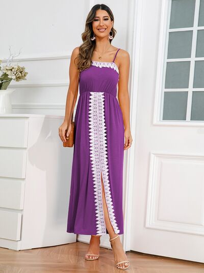 Womens Casual Slit Lace Detail Vacation Holiday Spaghetti Strap Long Maxi Dress