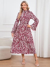 Animal Print Tie Front Ruffle Trim Long Sleeve Casual Maxi Midi Dress