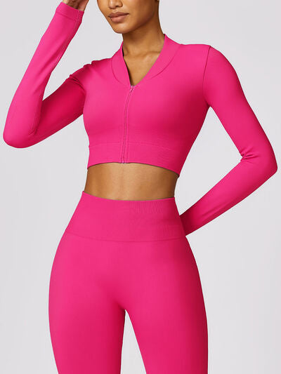 Gym Set Womens Nylon Zip Up Sports Cropped Jacket Outerwear and High Waist Pants Activewear 2 piece  Set