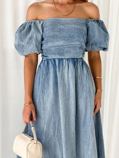 Maxi Denim Dress Off-Shoulder Balloon Sleeve Jean Dress New Women's Casual Fashion KESLEY