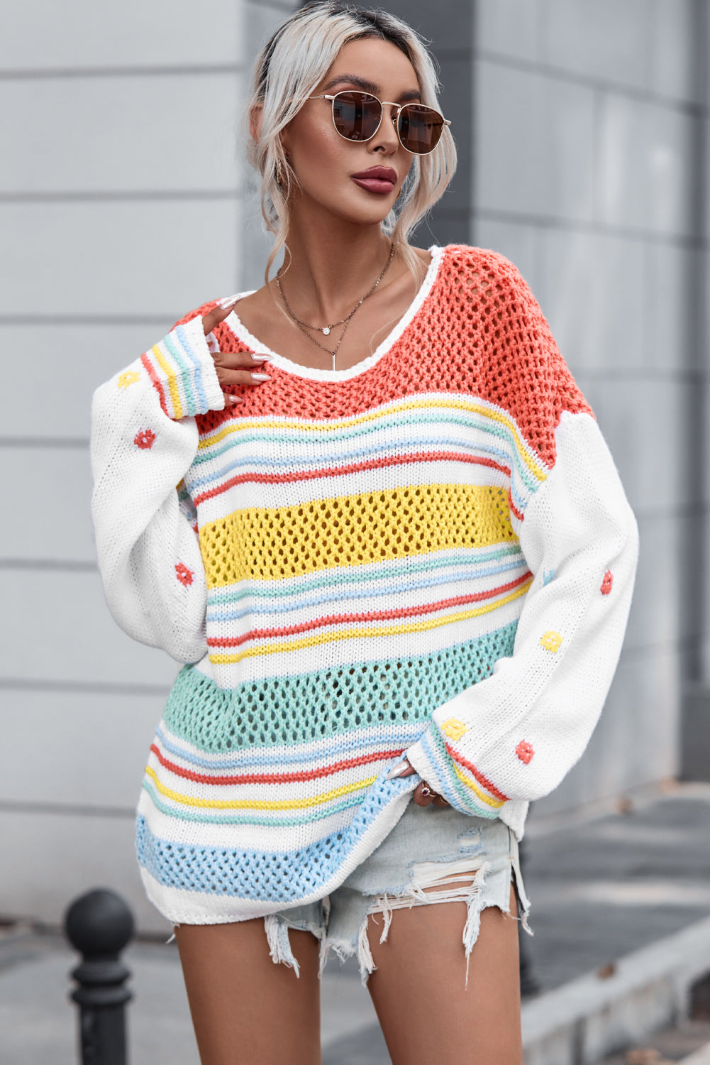 Openwork Striped Round Neck Long Sleeve Sweater