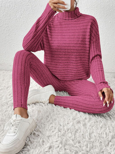 Womens Ribbed Turtleneck Top and Pants Set Loungewear Casual Fashion Sets