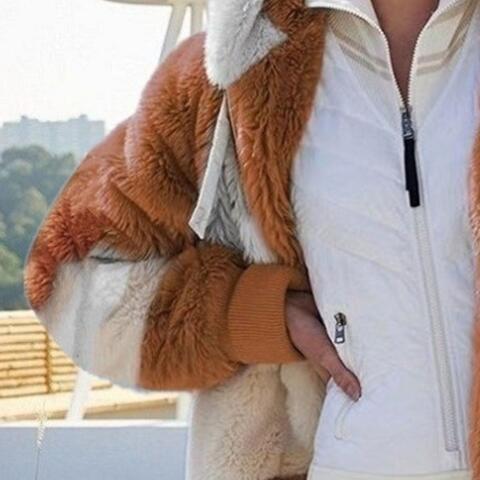 Color Block Zip-Up Hooded Faux Fur Jacket