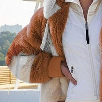 Color Block Zip-Up Hooded Faux Fur Jacket