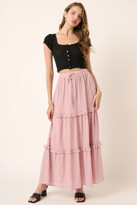 Casual Pink Long Skirt Mittoshop Drawstring High Waist Frill Flowy Maxi Skirt