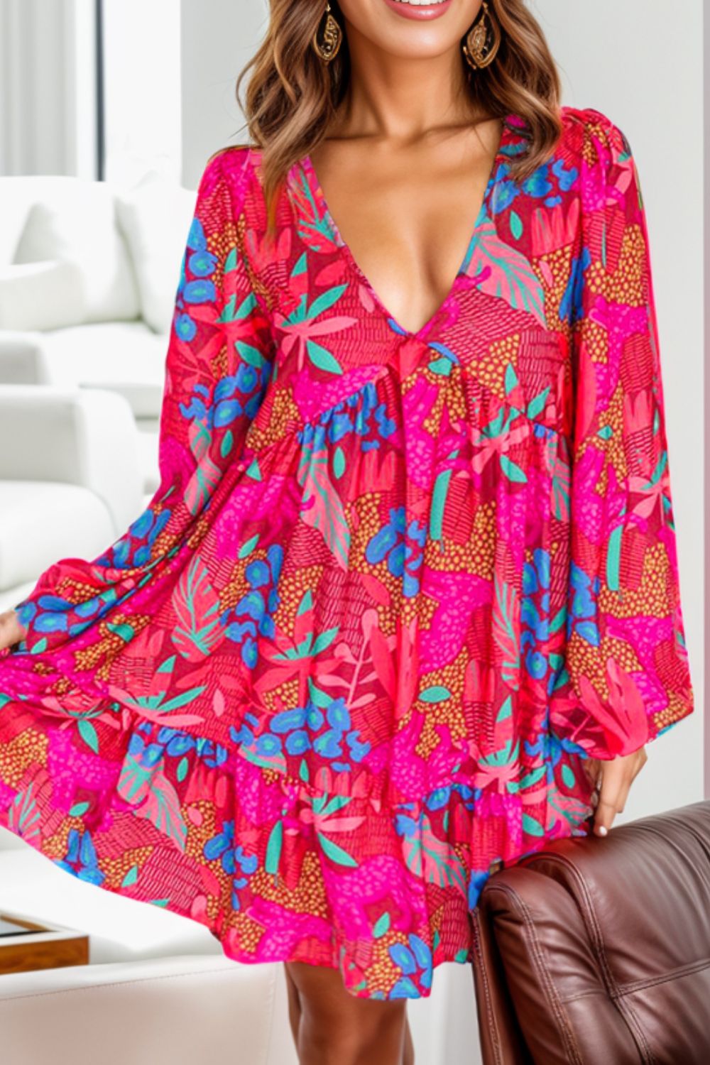 Long Sleeve V Neck Ruffle Short Dress Women's Fashion Printed Balloon Sleeve Mini Dress