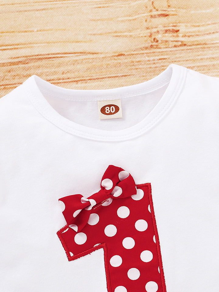 Round Neck Number One Graphic T-shirt and Polka Dot Pants Set