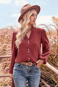 V-Neck Balloon Sleeve Button-Up Blouse